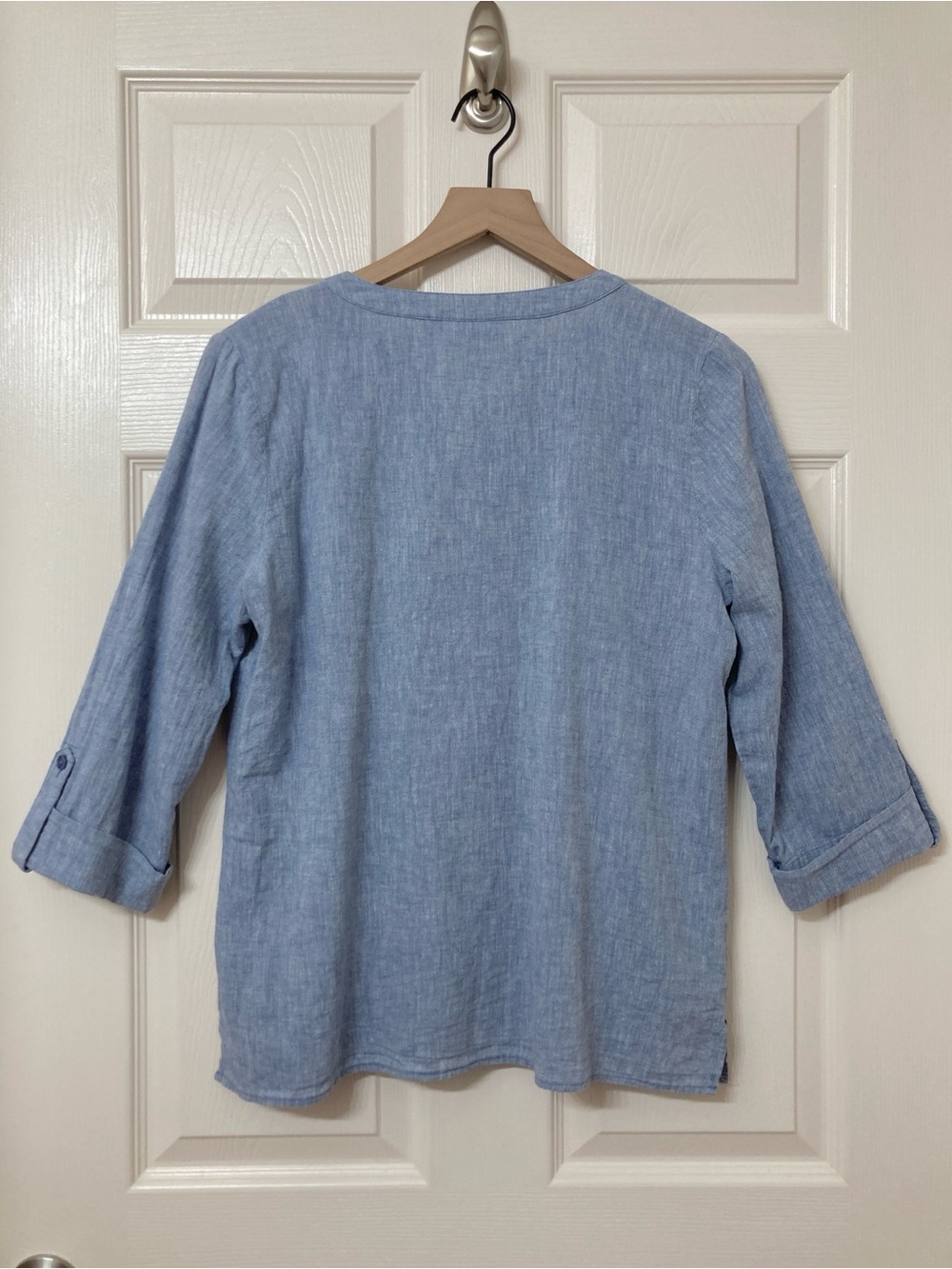 Kim Rogers Linen Blend Chambray Blue Button Down Shirt Medium Coastal Grandma - Picture 5 of 6
